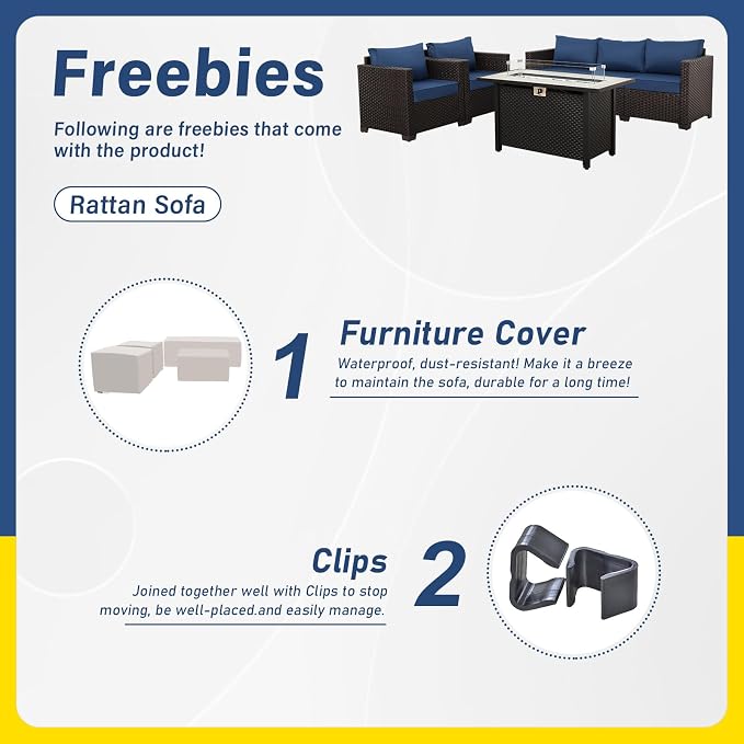 Rattan Star 4 Piece Patio Furniture Set 45 Inches Fire Pit Table Outdoor Furniture Sets Patio Couch Outdoor Chairs 50000 BTU Propane Fire Pit with No-Slip Cushions and Waterproof Covers, Navy Blue