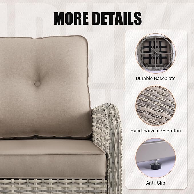 12-Piece Outdoor Patio Furniture Set with Rocking Swivel Chair, PE Wicker Rattan Sectional Sofa 55,000 BTU Fire Pit Table Patio Conversation Set with Ottomans and Chunky Arms, Beige