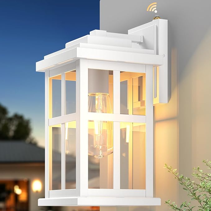 Large White Outdoor Wall Lights, Dusk to Dawn Exterior Lighting Fixtures, Waterproof Outside Lights for House, Garage, Garden, Entryway, Doorway, Anti-Rust, Modern Style, Tempered Glass