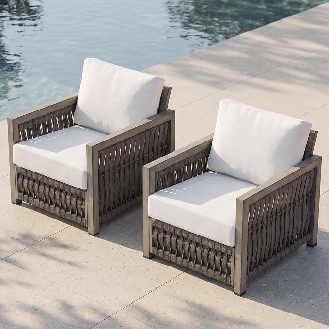 Outdoor Chairs Set of 2, Aluminum Patio Chairs Set with Thick Washable Cushions, 2 Pieces Rope Weave Patio Chair Outdoor Furniture, Outdoor Furniture Set for Garden, Porch, Balcony, Gray Oak