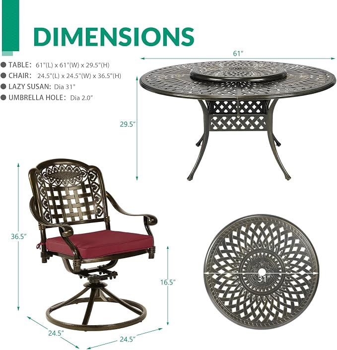 VIVIJASON 9-Piece Outdoor Furniture Dining Set, Rust-Free Cast Aluminum Patio Conversation Set, Include 8 Swivel Dining Chairs & 61" Round Dining Table with 31" Lazy Susan, Umbrella Hole, Red