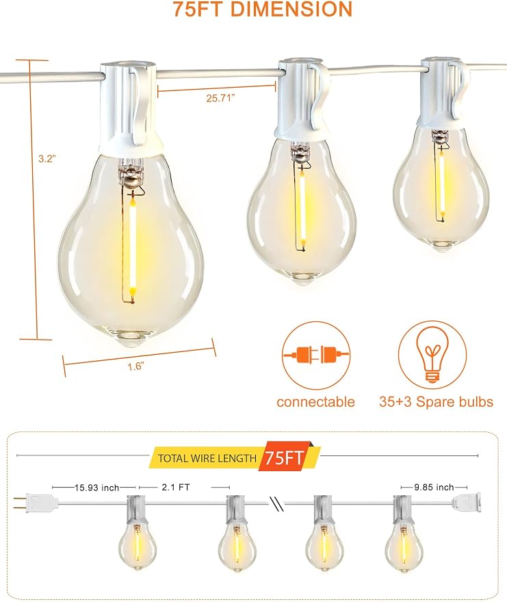 White Outdoor String Lights 75FT Waterproof Lighting for Patio Wedding Yard | 2FT Bulbs Apart White Cord, 75FT Connectable Outdoor Lights with 38 Shatterproof Dimmable LED Bulbs for Garden Bistro Balcony