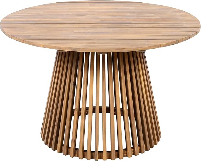 Round Acacia Wood Patio Dining Table, 47.25 Inch, Light Teak