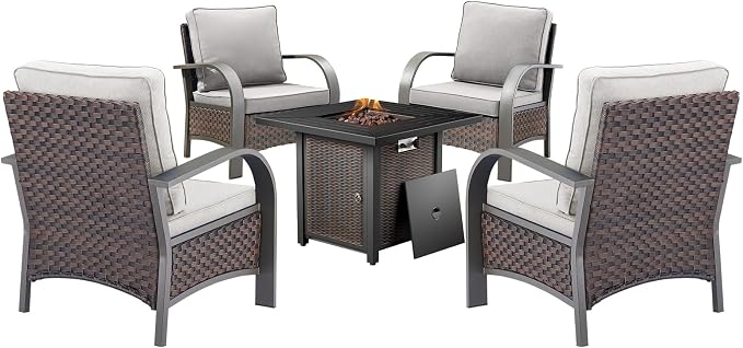 HUMMUH Patio Furniture Set with Fire Pit Table-Patio Chairs Set of 4 Outdoor Wicker Chairs for Deck Porch Garden Poolside Backyard-Brown/Beige