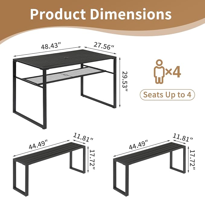 Outvita 49" Outdoor Matel Picnic Table and Bench Set with 2" Umbrella Hole and Storage Shelf, Patio Dining Set for 4 People, Outdoor Dining Table and Chair for Garden, Yard, Porch