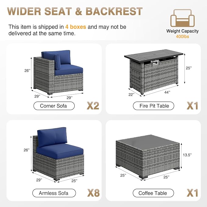 Aoxun Patio Furniture Sets, 12-Piece Outdoor Patio Furniture with 44'' Propane Gas Firepit Table, Wicker Outdoor Conversation Set Sectional Sofa for Backyard, Poolside, Garden