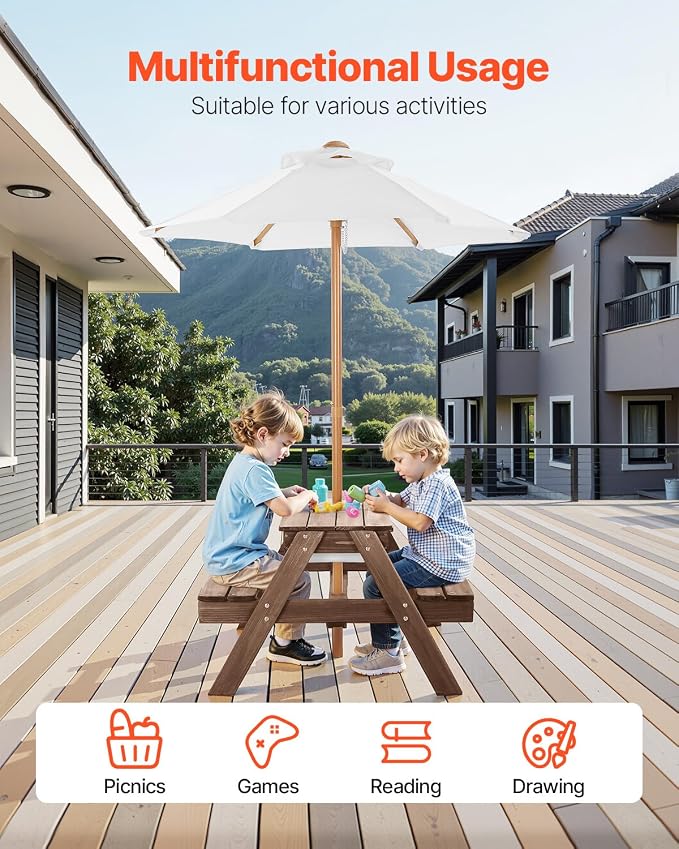 VEVOR Kids Picnic Table with Umbrella, 3-in-1 Sand & Water Table, Outdoor Wooden Table and Bench Set with 2 Trays, 4-People Patio Dining Furniture for Garden, Backyard and Porch (Walnut)