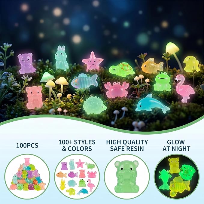 100 Pcs Mini Resin Animals Blind Bags, Glow in The Dark & Glitter Mystery Animals, Individually Wrapped Tiny Luminous Miniatures for Fairy Garden, Micro Landscape, DIY Crafts