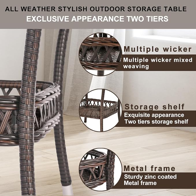 Outdoor Side Table Wicker Outdoor End Table for Patio Outside Brown Patio Coffee Square Tables with Storage & Glass Top for Backyard Porch