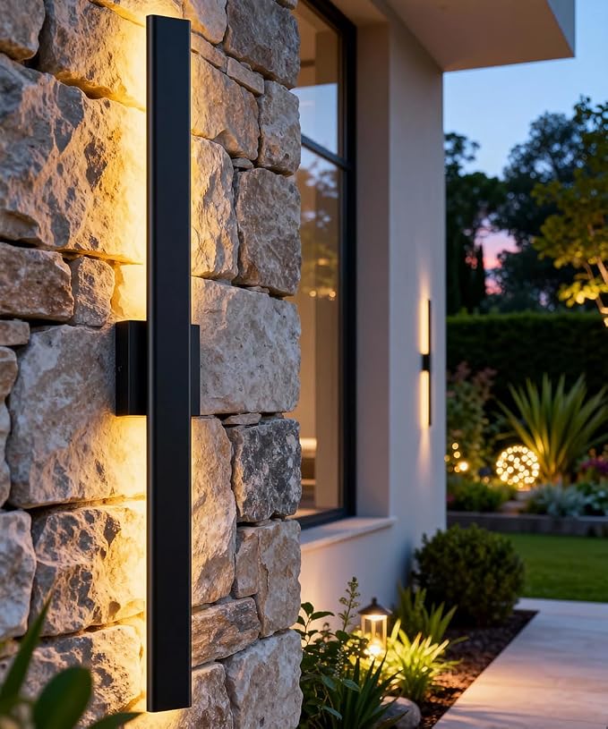 Aipsun 2 Packs LED Outdoor Wall Lights, 3000K 4000K 6000K, 23.6in Modern Black Outdoor Porch & Patio Wall Sconce, Linear Exterior Wall Light for Entrance, Hallway, Garage, Porch(3CCT)