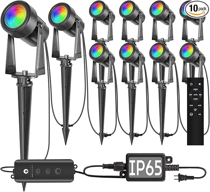 SUNTHIN 10 Pack Outdoor RGBW Landscape Lights, Color Changing Spot Uplights | Dusk to Dawn Sensor Controller with Remote, IP65 Waterproof Outdoor LED Yard Lights for Garden, Trees & Pathway