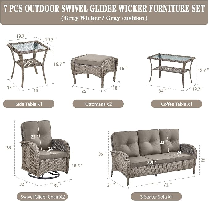 Belord Wicker Outdoor Furniture Set - 7 Piece Patio Conversation Sets with Comfort Swivel Rocker Glider Chairs Set of 2 and Rattan Sofa, Tempered Glass Coffee Table and Side Table,Gray/Gray