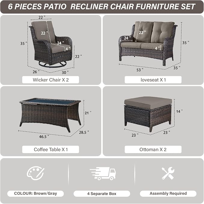 Belord 6 Piece Wicker Patio Furniture Set, Outdoor Swivel Rocker Chairs Set of 2 with Ottomans and Loveseat, All Weather Patio Conversation Furniture Set, for Pool,Yard,SunroomBrown Wicker/Gray