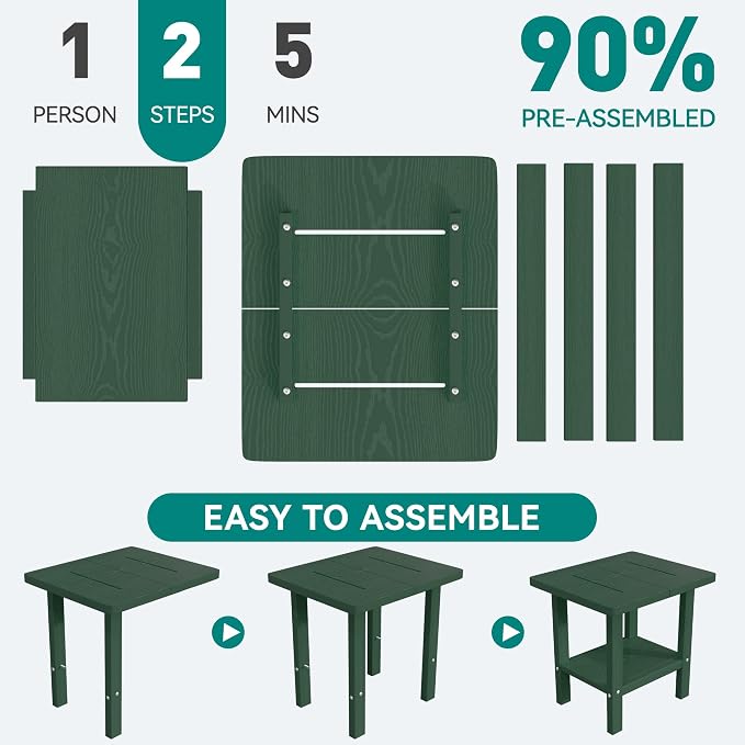 PLUUV Outdoor Side Table, 2-Tier Storage Patio Side Table, All Weather HDPE Adirondack End Table Outdoor for Patio, Garden, Balcony & Living Room, Dark Green