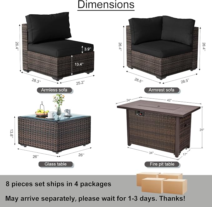 Patio Furniture Set, 8 PCS Outdoor Sectional Patio Furniture Set with 42" Fire Pit Table, Rattan Wicker Sofa Couch for Garden Backyard Deck Poolside, Black