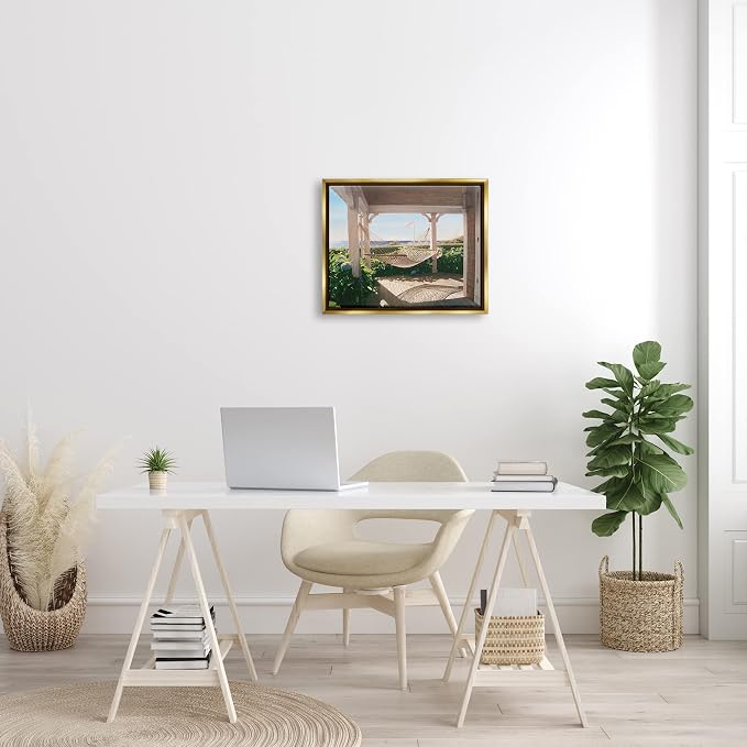 'Tranquil Hammock Warm Sunlit Porch Rural'| Floating Frame Canvas Art | Stupell Industries | Gold, 21 x 17 Inches, Easy to Hang and Sturdy, Made in USA, by Tom Mielko