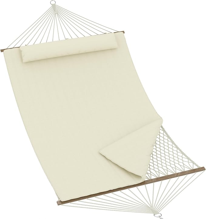 2 Person Outdoor Hammock with Stand - Quilted Cotton Rope & Polyester Pad - Adjustable Steel Frame - Removable Pillow, 500lbs Capacity - Patio, Garden, Beach