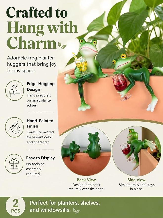 2 PCS Tipsy Frog Pot Hugger, Miniature Resin Figurines Plant Decorations for Pots, Outdoor Garden Decor for Flower Pot Yard Patio Lawn, Planter Hanger Statues, Funny Gifts for Women