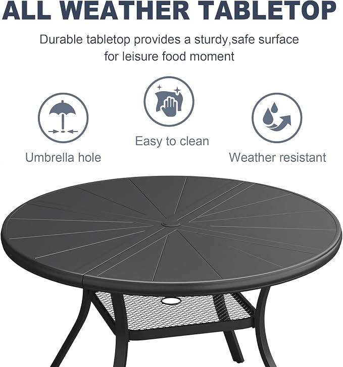 VICLLAX Round Patio Dining Table, 4 Person Aluminum Outdoor Dining Table with Umbrella Hole and Storage Shelf for Garden Lawn Deck, 40.6" Black