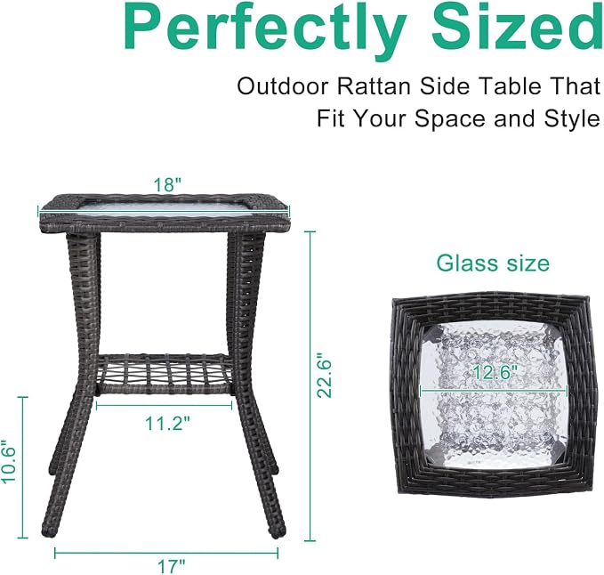 VINGLI Outdoor Side Table with Storage Wicker Patio Side Table, Tempered Glass Top End Table for Balcony Porch Deck (Grey)