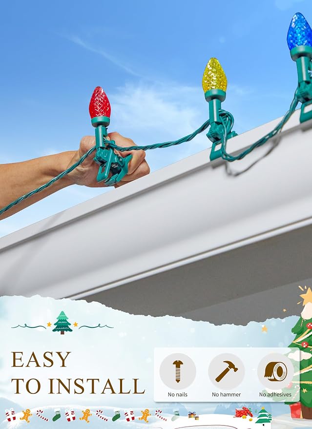 C9 Christmas Lights Outdoor, 102FT 150 LED String Lights with Spring Clips | Waterproof Connectable Commercial Grade Christmas Tree Lights for Outside Roofline Patio Yard Home Xmas Decor, Multicolor