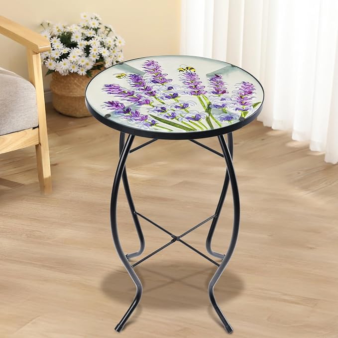 MUMTOP Outdoor End Tables for Patio, Lavender Small Round Side Table, Glass Accent Table for Outside, Garden, Balcony, Porch, Indoor Home Decor
