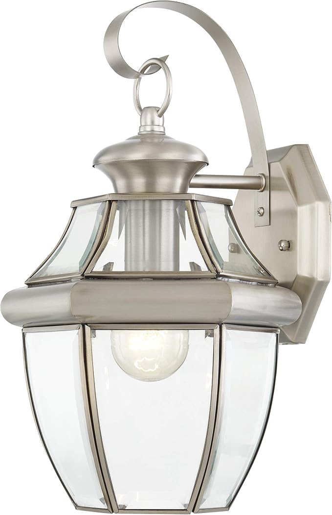 Livex Lighting 2151-91 Monterey 1 Light Outdoor Brushed Nickel Finish Solid Brass Wall Lantern with Clear Beveled Glass 13" x 8.5" x 8.25" | Dimensions: 13" x 8.5" x 8.25"; Clear Beveled Glass 13" x 8.5" x 8.25"; Solid brass construction
