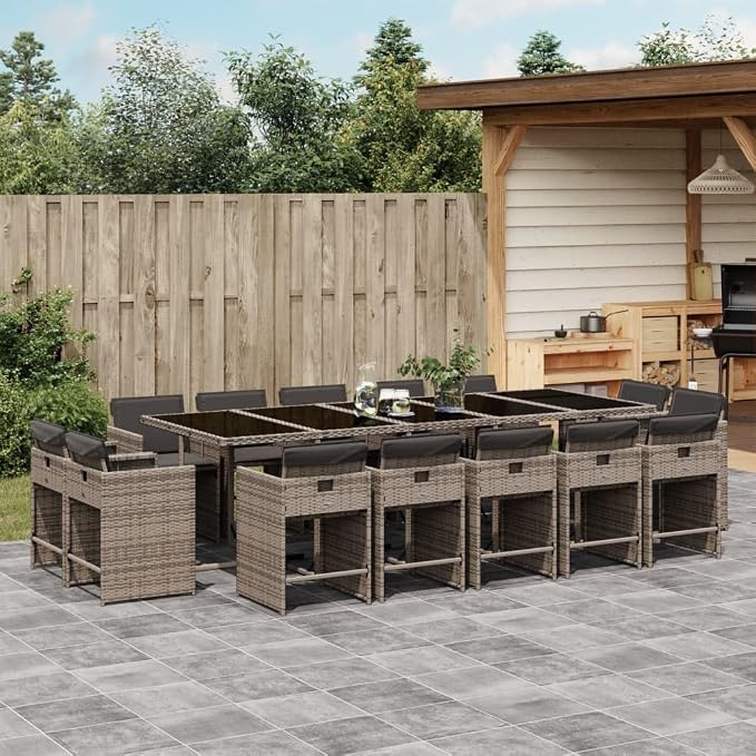 15 Piece Patio Dining Set, Poly Rattan Garden Table and 14 Folding Chairs with Cushions for Outdoor Backyard Deck Furniture, Gray