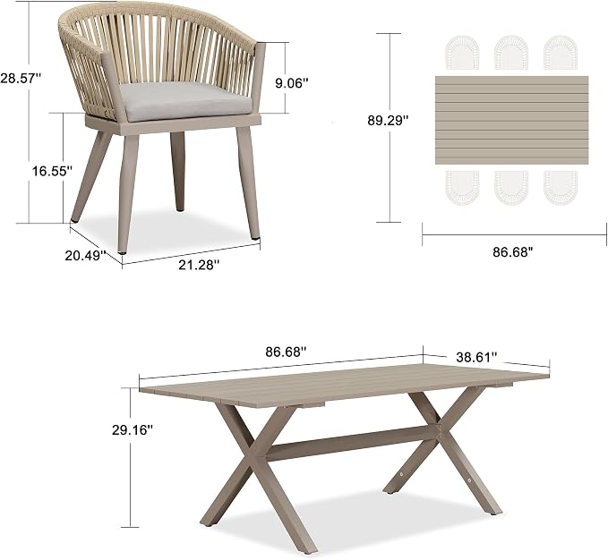 PURPLE LEAF 7 Pieces Longer Outdoor Dining Set with Patio Aluminium Dining Table and Wicker Chairs Modern Furniture Cushions Sets for Backyard Indoor Decor Kitchen Champagne