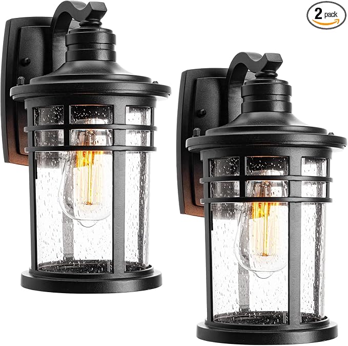 Darkaway Outdoor Porch Lights Wall Mount, Outdoor Light Fixtures Sconces Wall Lighting with Seeded Glass Waterproof Exterior Lights for Patio Yard House Hallway Doorway Garage(2 Pack, Black)