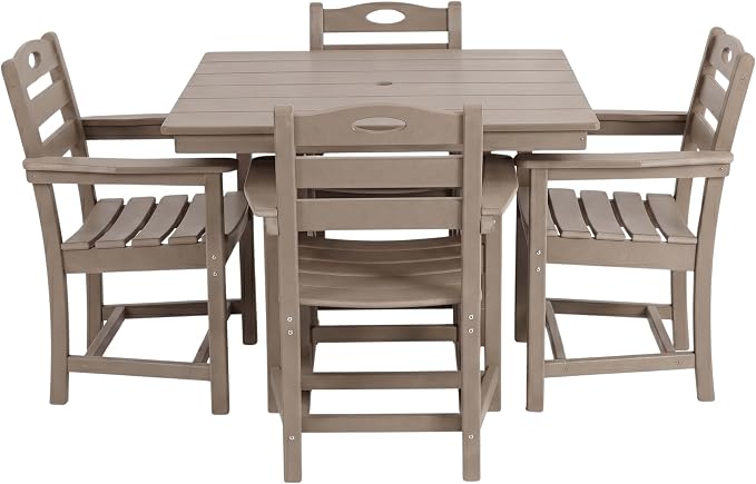 WILLIAMSPACE 37.8" Outdoor Patio Dining Set with 4 Armchairs, All Weather HDPE Square Dining Table with Umbrella Hole, Patio 5-Piece Bistro Set for Backyard, Balcony, Lawn, Kitchen (Brown)