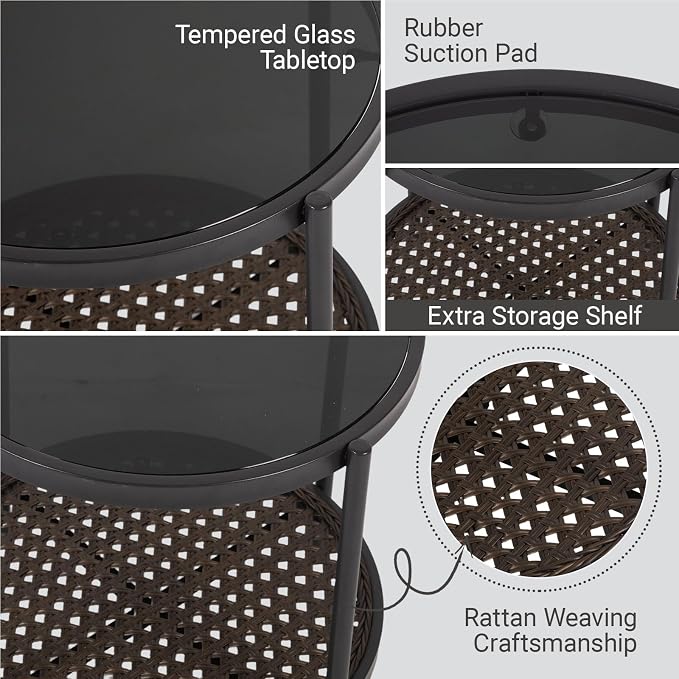 Kinfant Outdoor Wicker Side Table – Roud Patio End Table with Tempered Glass Top, Rubber Suction Pads & Storage Shelf, All-Weather Rattan Coffee Table for Balcony, Porch, Deck, Garden, Easy Assembly