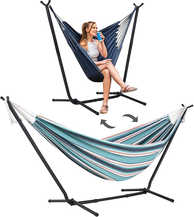 SUNCREAT 2-in-1 Convertible Backyard Fabric Hammock with Stand, Large Hammocks for Outside, Green & Orange