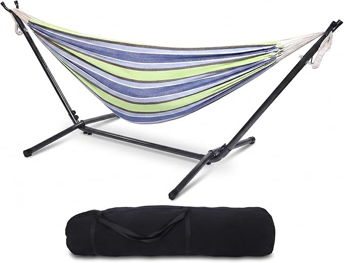 103 Inch Portable Hammock with Stand Included, Heavy Duty Steel Frame with Comfortable Polyester Striped Swing Bed, Carrying Bag for Patio, Garden, Backyard, Indoor & Outdoor (Style B)