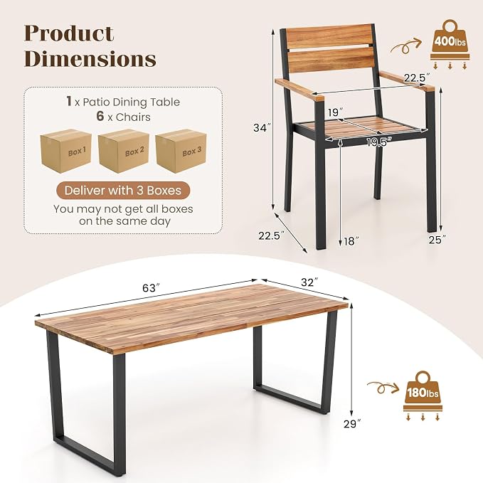 COSTWAY Outdoor Dining Set for 6, 63’’ x 32’’ Acacia Wood & Metal Patio Dining Table with 2'' Umbrella Hole, 6 Stackable Chairs, Ergonomic Armrests, 7 Pieces Dining Set for Backyard, Deck, Patio