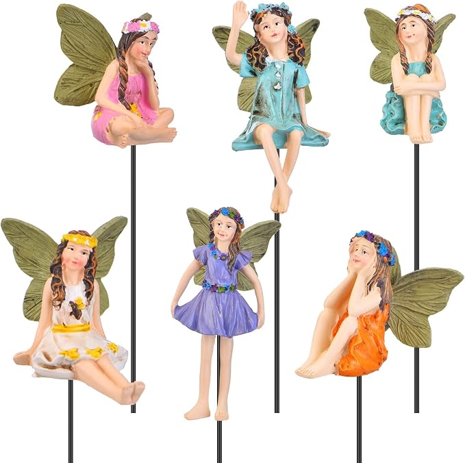 6 Miniature Fairy Figurines for Garden Outdoor, Resin Fairies with Sticks | Fairy Garden Accessories, Set of 6, Tiny Girl Sculptures, Plant Pot Decor, Lawn Ornaments, Indoor Outdoor Use