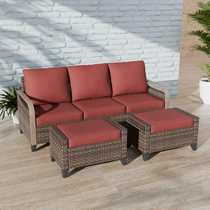 COOS BAY Modern Wicker Outdoor Furniture Set, 3 Piece Patio Conversation Set with a 3 Seat Couch and 2 Ottomans, 3 Piece, Brown/Red