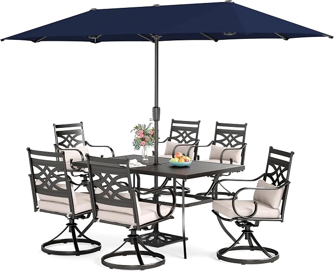 Sophia & William Patio Dining Set, Steel, 13ft Umbrella Navy | Swivel Chairs, E-Coated, Cushions Included, For Patio, Garden and Yard