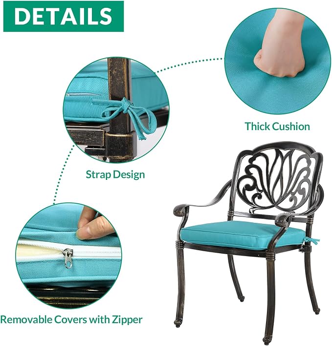 VIVIJASON 5-Piece Outdoor Patio Dining Set, All-Weather Cast Aluminum Conversation Set, Patio Furniture Set Include 4 Cushioned Chairs, a 35.4 inch Round Table w/Umbrella Hole, Ocean Blue Cushion