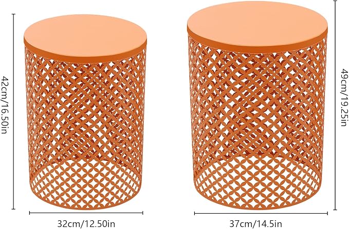 2PCS Outdoor Side Table, Heavy Duty Metal Frame Side Table Decorative Garden Stool Modern End Table Round Coffee Table for Patio Gardens Balconies Cafes (Orange)