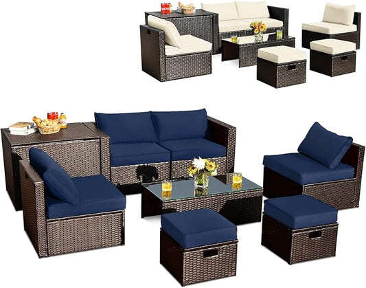 Tangkula 8-Piece Patio Wicker Furniture Set, Patiojoy Outdoor PE Rattan Conversation Set with Storage Box, Tempered Glass Table, 2 Ottomans, 2 Armless Sofas and 2 Corner Sofas, 2 Cushion Covers Set