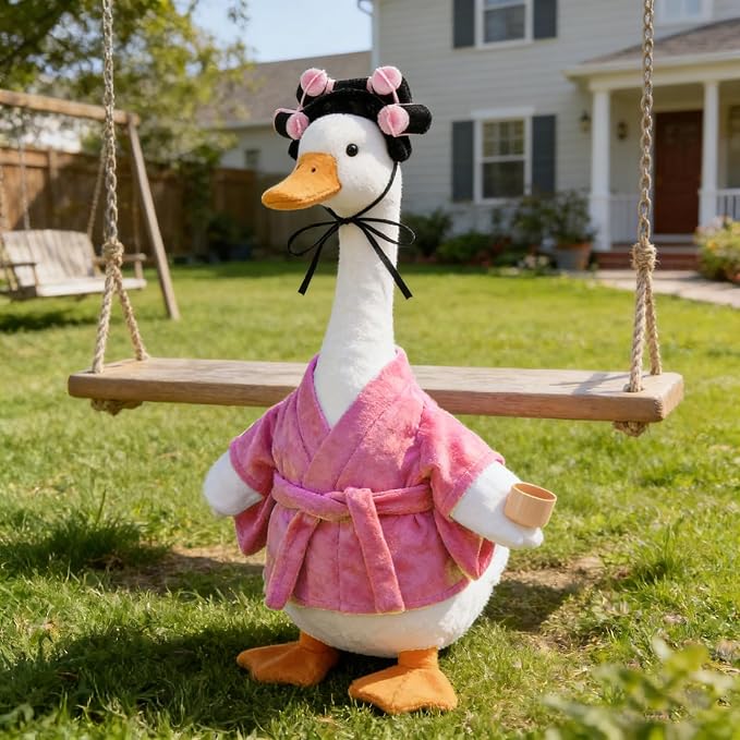 Old Lady Porch Goose Outfits Grandma Goose Clothes Glasses Curly Wig Floral Print Dress Cardign and Pearl Necklace,23'' Geese Statue Outdoor Patio Yard Lawn Decoration (Pink B)