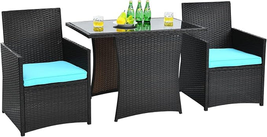 DORTALA Wicker Patio Bistro Set 3 Piece, Outdoor Table and Chairs with Tempered Glass Tabletop, Cushions, Small Rattan Furniture Conversation Sofa Set for Balcony, Porch, Backyard, Deck, Turquoise
