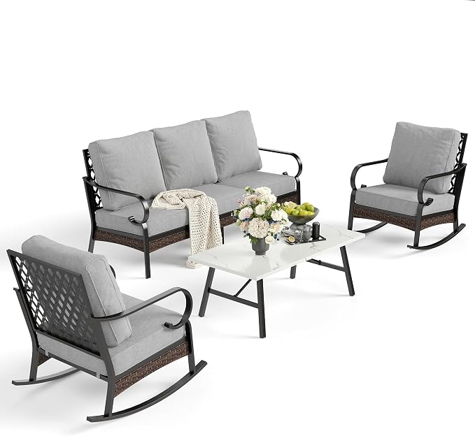 SUNSHINE VALLEY 4 PCS Metal Outdoor Patio Furniture Set, Patio Conversation Sets 1 3-Seater Sofa, 2 Rocking Chairs with 5.75" Extra Thick Cushion & Coffee Table, Black Backyard Furniture, Light Gray