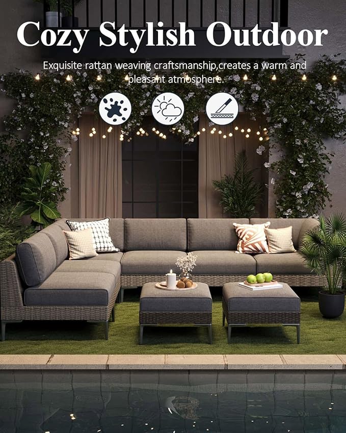 LayinSun 12-Piece Wicker Rattan Patio Furniture Set, Deep Seating Outdoor Modular Sectional Sofa Conversation Set with Thick Cushions for Lawn, Garden