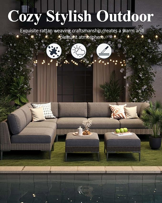 LayinSun 5-Piece Wicker Rattan Patio Furniture Set, Deep Seating Outdoor Modular Sectional Sofa Conversation Set with Thick Cushions for Lawn, Garden
