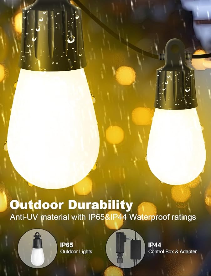 Outdoor String Lights 36 LED Bulbs, 118(98+12) ft RGB+IC+Warm White | APP Control with Remote, Music Sync for Garden Party Decor Christmas Outdoor Light, NOT Extendable