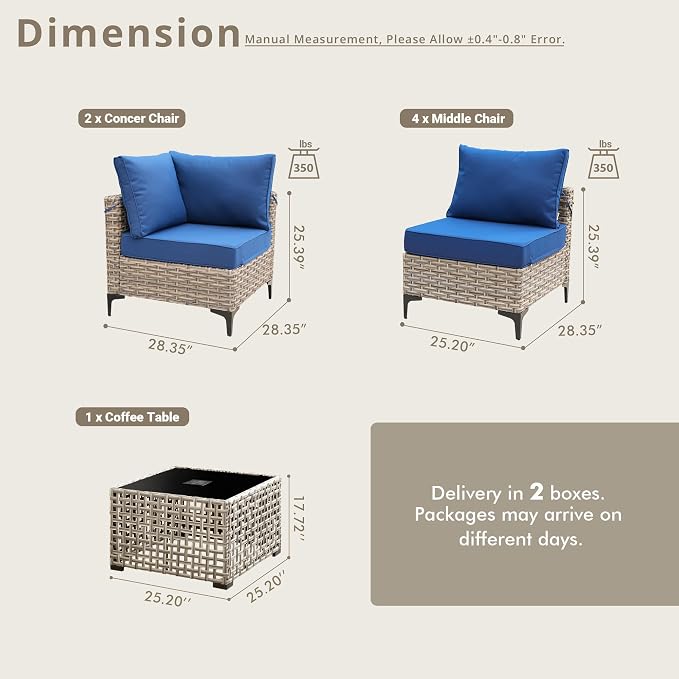 5 Pieces Patio Sectional Furniture Set, Outdoor Wicker Sectional Couch with Solar Lights Table, Modern Conversation Set for Porch Balcony Backyard, Navy Blue