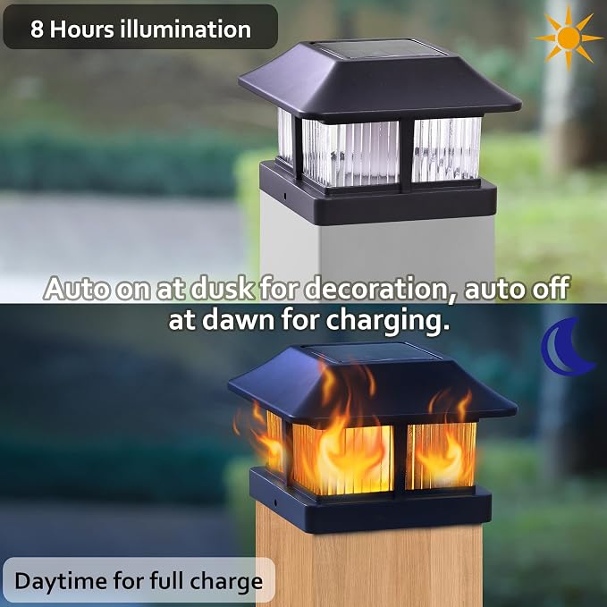 Dynaming Solar Flame Post Cap Lights Outdoor, Solar Powered Fence Post Light, Flickering Flame LED Lantern Lamps Waterproof for Garden Deck Patio, Fit 4x4 Wooden/Vinyl Posts, 8 Pack