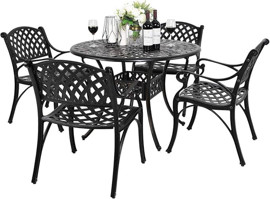 NUU GARDEN 5 Piece Outdoor Patio Dining Set, Cast Aluminum Round Dining Table with Umbrella Hole and Patio Dining Chairs for Patio, Garden, Backyard, Balcony, Black with Bronze Edge